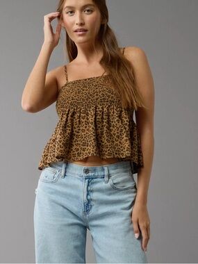 American Eagle Smocked Babydoll Leopard Cami Tank Top Size XXS NWT Ruffle